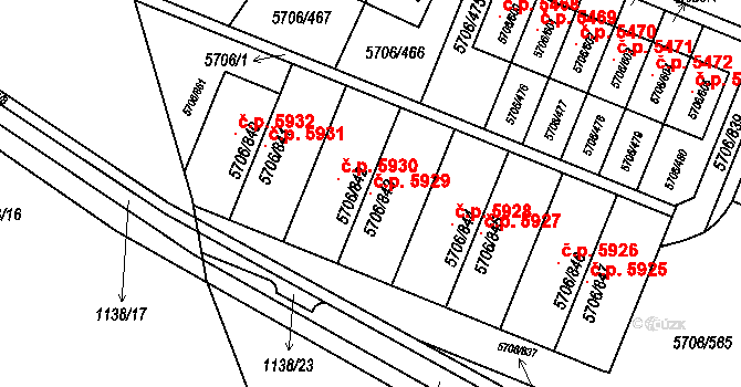 Jihlava 5929 na parcele st. 5706/843 v KÚ Jihlava, Katastrální mapa