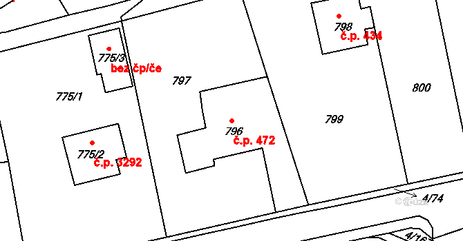 Mšeno nad Nisou 472, Jablonec nad Nisou na parcele st. 796 v KÚ Mšeno nad Nisou, Katastrální mapa