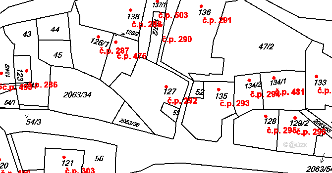 Brtnice 292 na parcele st. 127 v KÚ Brtnice, Katastrální mapa