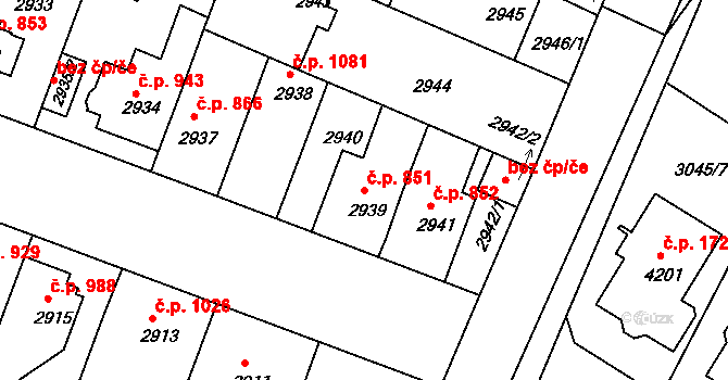 Čelákovice 851 na parcele st. 2939 v KÚ Čelákovice, Katastrální mapa