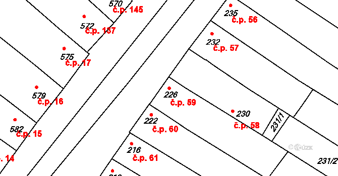 Milokošť 59, Veselí nad Moravou na parcele st. 226 v KÚ Milokošť, Katastrální mapa