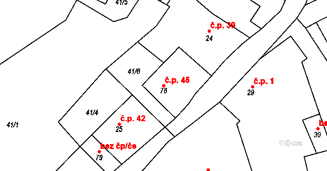 Měšetice 45, Sedlec-Prčice na parcele st. 78 v KÚ Měšetice, Katastrální mapa