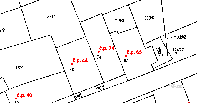 Hradišťko I 74, Veltruby na parcele st. 74 v KÚ Hradišťko I, Katastrální mapa