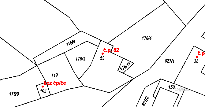 Přečín 52, Vacov na parcele st. 53 v KÚ Přečín, Katastrální mapa