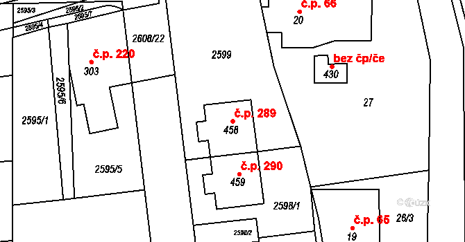 Hnátnice 289 na parcele st. 458 v KÚ Hnátnice, Katastrální mapa