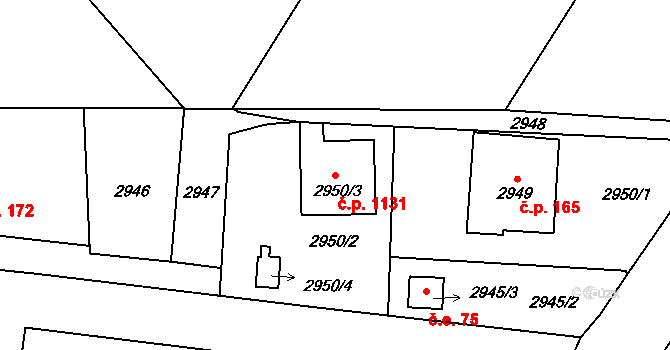 Dolní Lutyně 1131 na parcele st. 2950/3 v KÚ Dolní Lutyně, Katastrální mapa