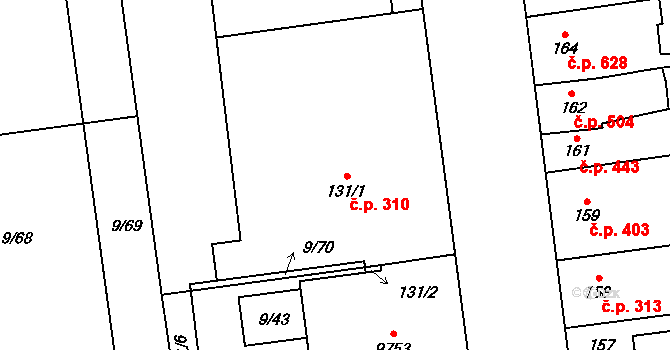 Židenice 310, Brno na parcele st. 131/1 v KÚ Židenice, Katastrální mapa