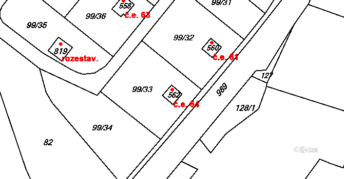 Věkoše 64, Hradec Králové na parcele st. 562 v KÚ Věkoše, Katastrální mapa