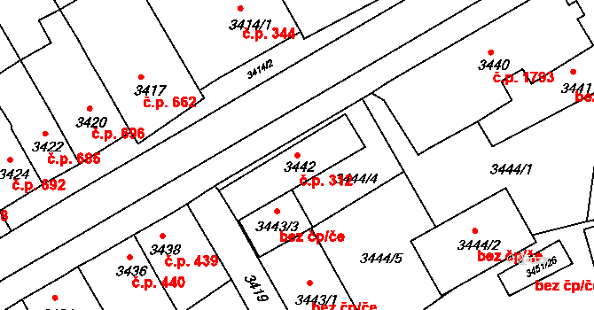 Jirkov 312 na parcele st. 3442 v KÚ Jirkov, Katastrální mapa