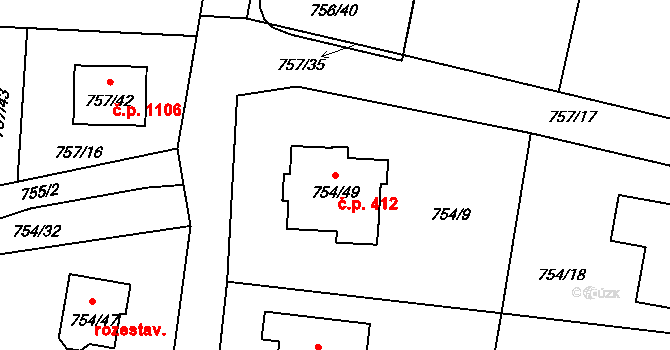 Srubec 412 na parcele st. 754/49 v KÚ Srubec, Katastrální mapa