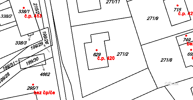 Hroznová Lhota 420 na parcele st. 629 v KÚ Hroznová Lhota, Katastrální mapa