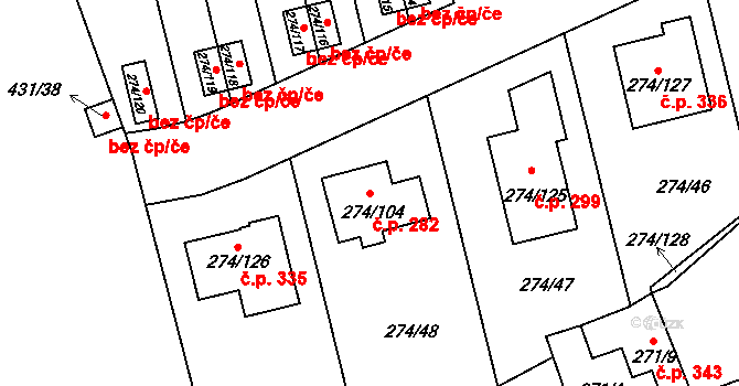 Třeboradice 282, Praha na parcele st. 274/104 v KÚ Třeboradice, Katastrální mapa