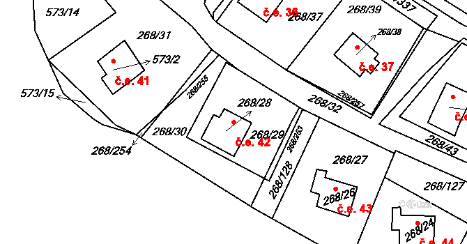 Tušimice 42, Kadaň na parcele st. 268/28 v KÚ Tušimice, Katastrální mapa
