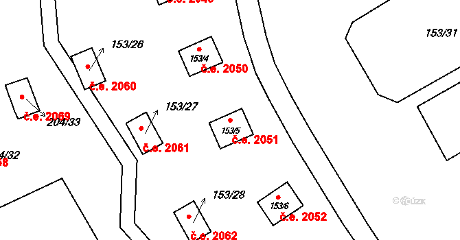 Červený Hrádek 2051, Jirkov na parcele st. 153/5 v KÚ Červený Hrádek u Jirkova, Katastrální mapa