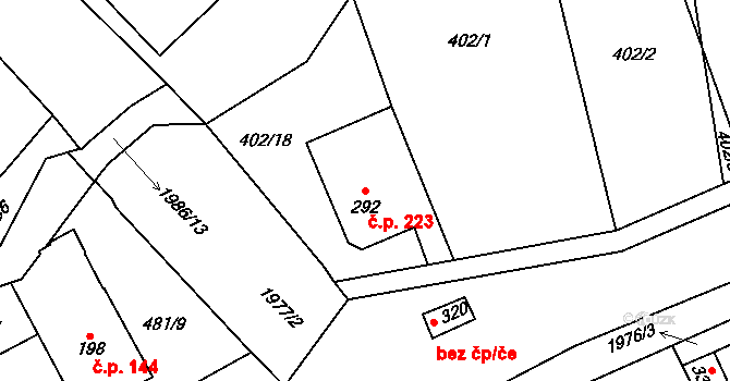 Louky 223, Zlín na parcele st. 292 v KÚ Louky nad Dřevnicí, Katastrální mapa