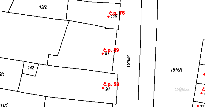 Topolany 59 na parcele st. 97 v KÚ Topolany u Vyškova, Katastrální mapa