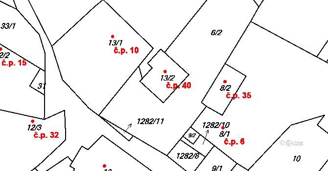 Vlksice 40 na parcele st. 13/2 v KÚ Vlksice, Katastrální mapa