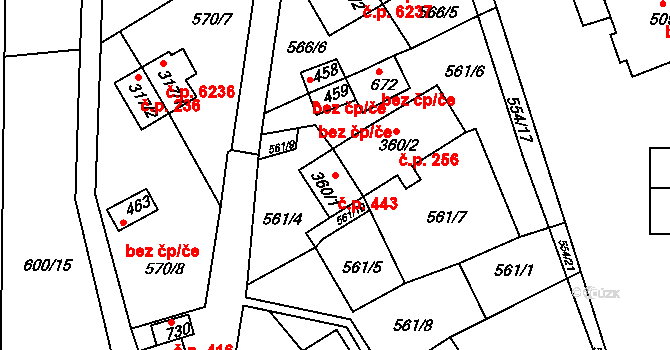 Louky 443, Zlín na parcele st. 360/1 v KÚ Louky nad Dřevnicí, Katastrální mapa