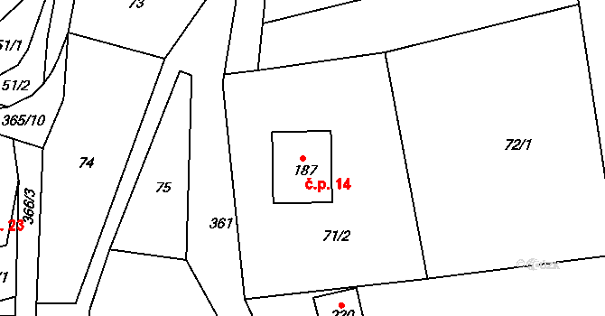 Hroubovice 14 na parcele st. 187 v KÚ Hroubovice, Katastrální mapa