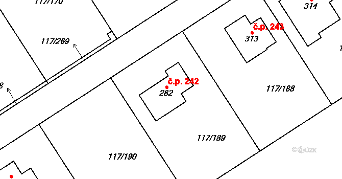 Křenice 242 na parcele st. 282 v KÚ Křenice u Prahy, Katastrální mapa
