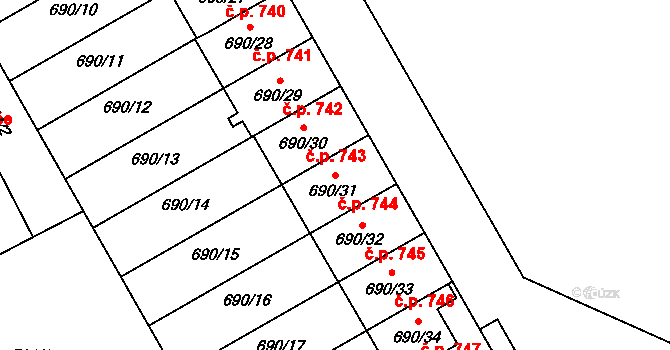 Loštice 744 na parcele st. 690/31 v KÚ Loštice, Katastrální mapa