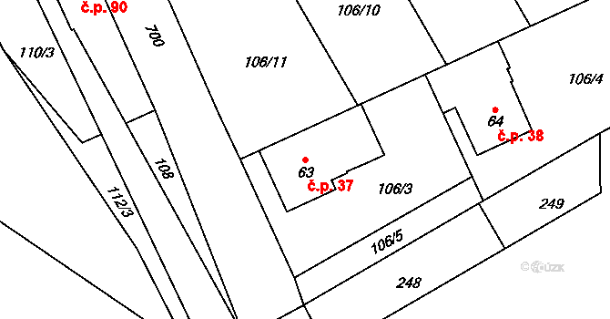 Jakubčovice nad Odrou 37 na parcele st. 63 v KÚ Jakubčovice nad Odrou, Katastrální mapa