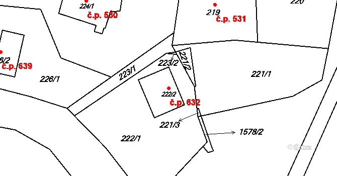 Fulnek 632 na parcele st. 222/2 v KÚ Fulnek, Katastrální mapa