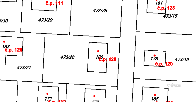 Chvalovice 128, Kovanice na parcele st. 186 v KÚ Chvalovice u Nymburka, Katastrální mapa