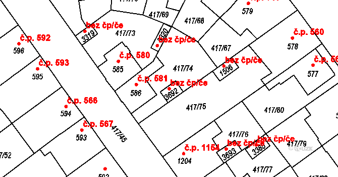 Bystřice pod Hostýnem 89305817 na parcele st. 3692 v KÚ Bystřice pod Hostýnem, Katastrální mapa