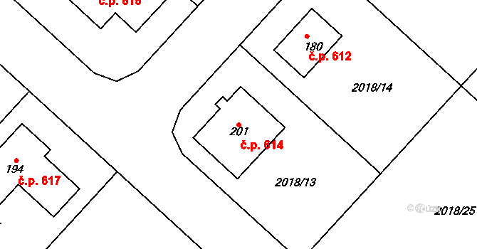 Chlupice 614, Hostěradice na parcele st. 201 v KÚ Chlupice, Katastrální mapa