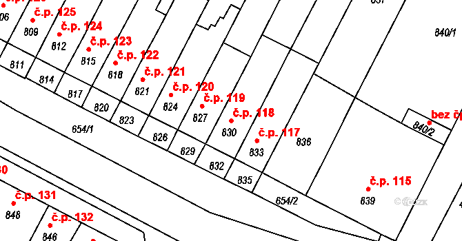 Rychlov 118, Bystřice pod Hostýnem na parcele st. 830 v KÚ Rychlov u Bystřice pod Hostýnem, Katastrální mapa
