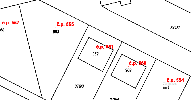 Mohelno 551 na parcele st. 982 v KÚ Mohelno, Katastrální mapa