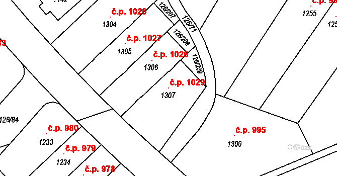 Chýně 1029 na parcele st. 1307 v KÚ Chýně, Katastrální mapa