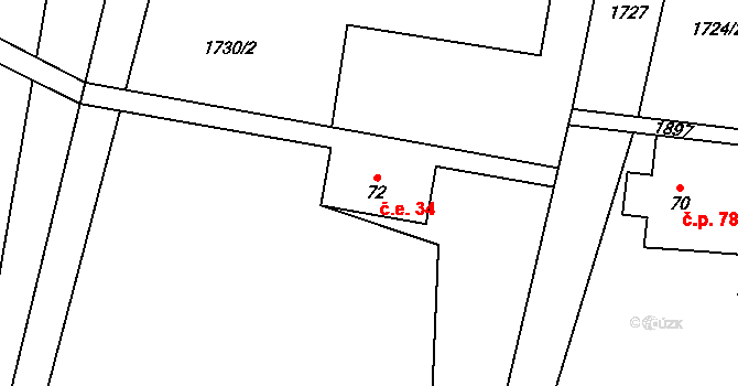Guty 34, Třinec na parcele st. 72 v KÚ Guty, Katastrální mapa