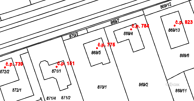 Lužice 775 na parcele st. 869/5 v KÚ Lužice u Hodonína, Katastrální mapa