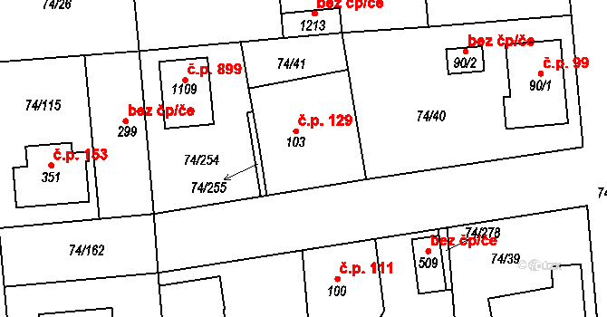 Hovorčovice 129 na parcele st. 103 v KÚ Hovorčovice, Katastrální mapa