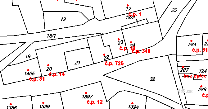 Švermov 725, Kladno na parcele st. 22 v KÚ Motyčín, Katastrální mapa