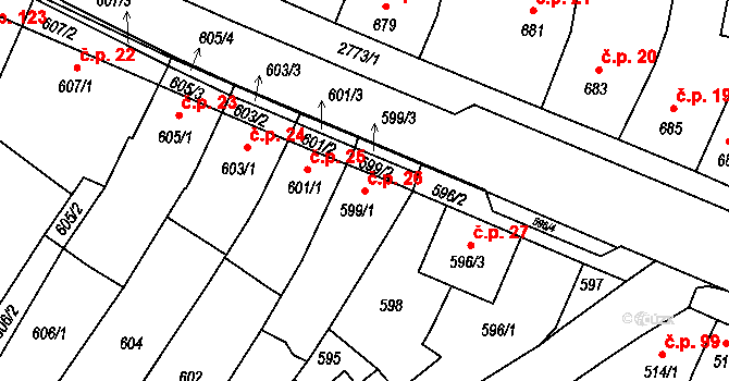 Dačice IV 26, Dačice na parcele st. 599/1 v KÚ Dačice, Katastrální mapa