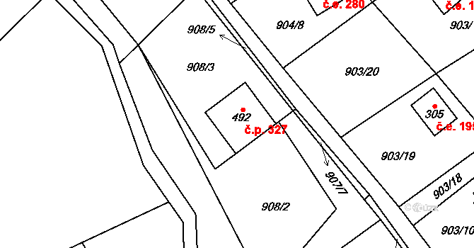 Chvalčov 327 na parcele st. 492 v KÚ Chvalčov, Katastrální mapa