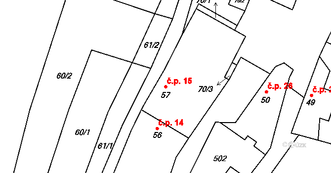 Třeboutice 15, Křešice na parcele st. 57 v KÚ Třeboutice, Katastrální mapa