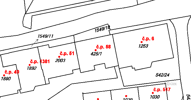 Prachatice II 58, Prachatice na parcele st. 425/1 v KÚ Prachatice, Katastrální mapa