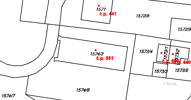 Miřetice u Klášterce nad Ohří 551, Klášterec nad Ohří na parcele st. 1574/2 v KÚ Miřetice u Klášterce nad Ohří, Katastrální mapa