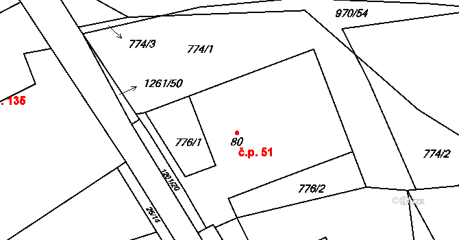 Lhota 51, Mladošovice na parcele st. 80 v KÚ Lhota u Vlachnovic, Katastrální mapa