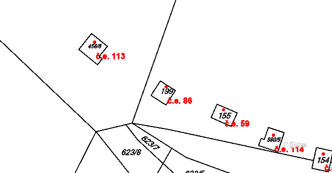 Hřebečníky 86 na parcele st. 199 v KÚ Hřebečníky, Katastrální mapa