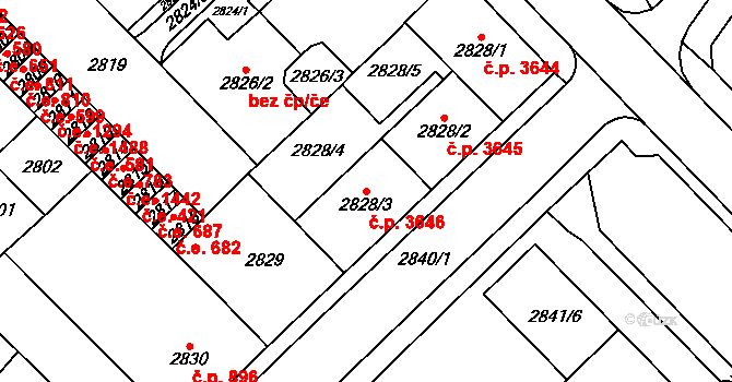 Chomutov 3646 na parcele st. 2828/3 v KÚ Chomutov I, Katastrální mapa