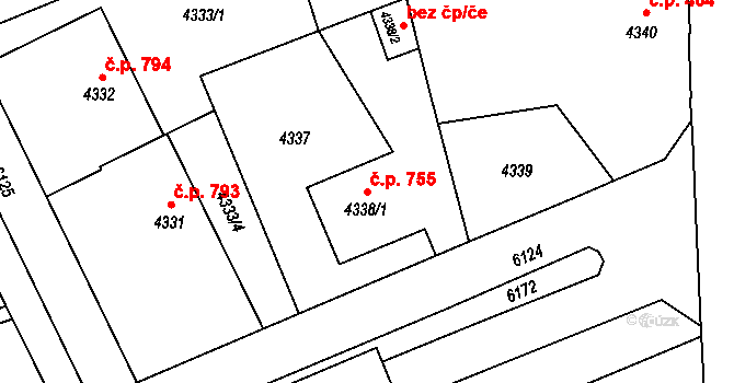 Liberec III-Jeřáb 755, Liberec na parcele st. 4338/1 v KÚ Liberec, Katastrální mapa