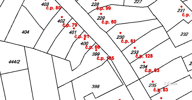 Silůvky 105 na parcele st. 399 v KÚ Silůvky, Katastrální mapa