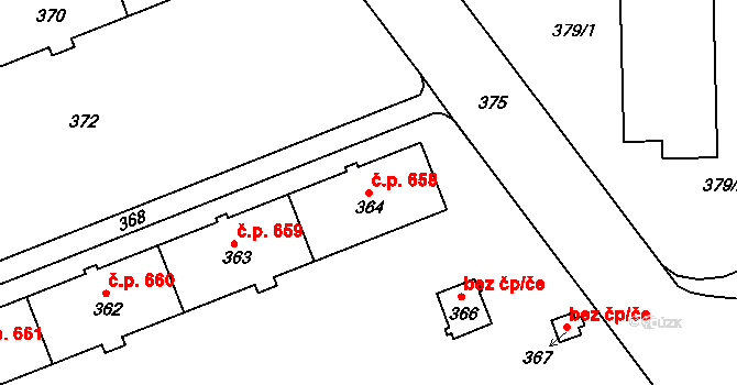 Šumbark 658, Havířov na parcele st. 364 v KÚ Šumbark, Katastrální mapa