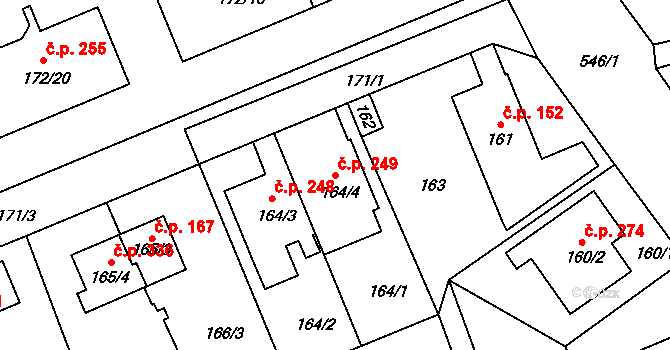 Šeberov 249, Praha na parcele st. 164/4 v KÚ Šeberov, Katastrální mapa