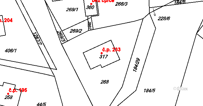 Hrádek 233 na parcele st. 317 v KÚ Hrádek u Sušice, Katastrální mapa